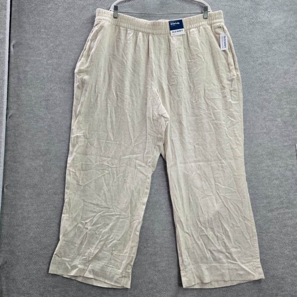 Old Navy Women Pants 2XL Beige Linen Blend Wide Leg Pockets Pull On NWT